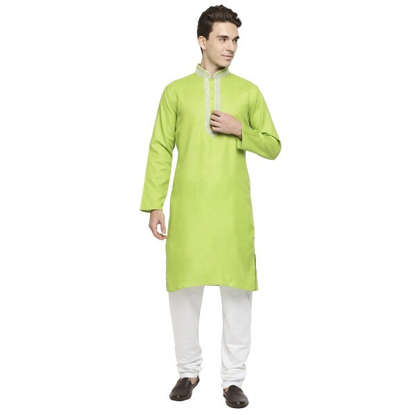 Bright Green Cotton Print With Cream Cord Dori Embroidery On The Collar And Placket