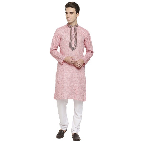 Poly Cotton Kurta With A Khadi Feel With Threadwork On Collar And Placket
