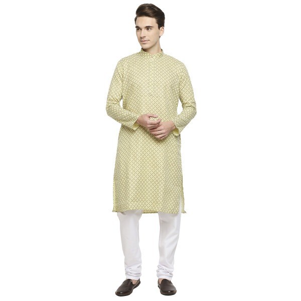 Lemon Yellow Printed Cotton Kurta With Self Buttons