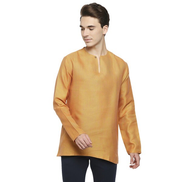 Orange Woven Two -Toned Cotton Short Kurta With Single Button Slit Opening