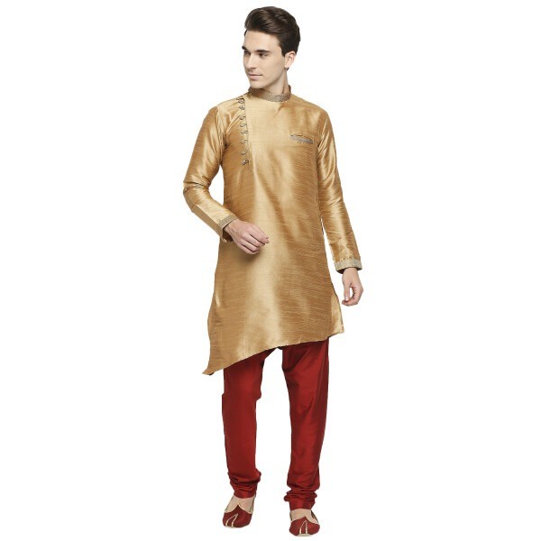 Gold Silk Kurta With Angarkha Style Overlapping Placket And Gold Embroidery At Collar And Neckline