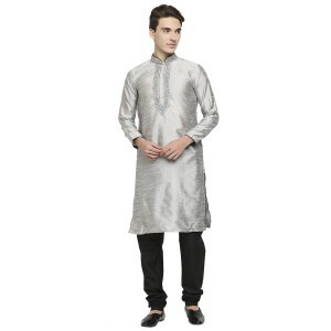Grey Raw Silk Kurta With Resham Embroidery And Contrast Black Trim At Collar And Placket
