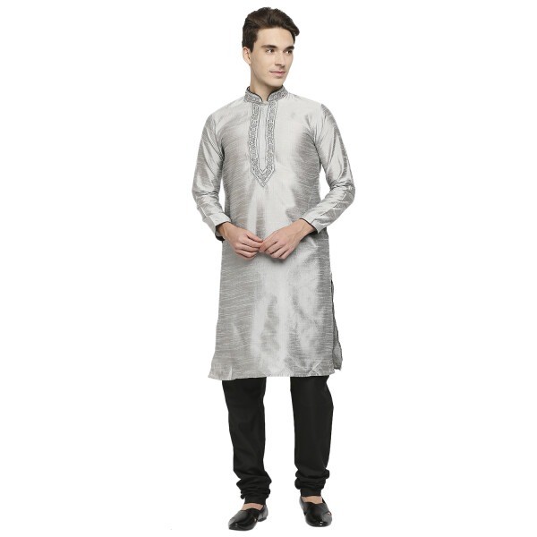 Grey Raw Silk Kurta With Resham Embroidery And Contrast Black Trim At Collar And Placket