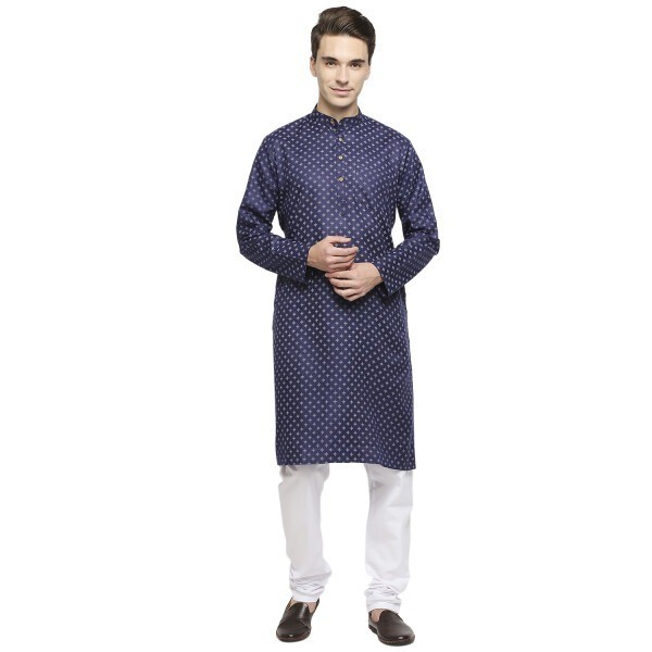 Navy Blue Cotton Kurta With Small Block Print With Wooden Buttons