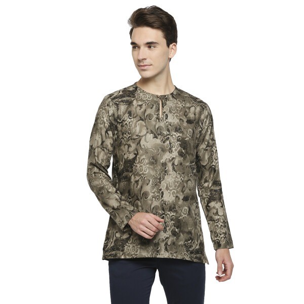 Camo Green Swirl Print Polycot Short Kurta With A Single Button Slit Opening