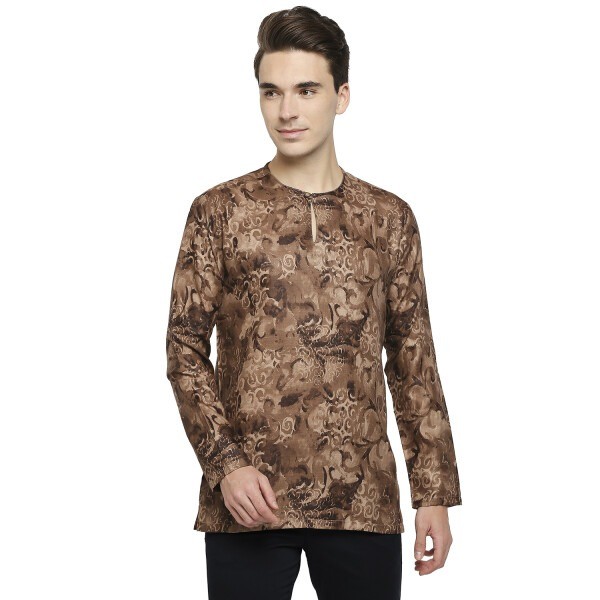 Brown Printed Poly Cotton Short Kurta With Slit Front Opening