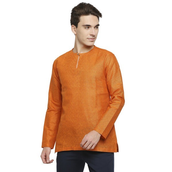 Orange Linen Short Kurta With Slit Front Opening