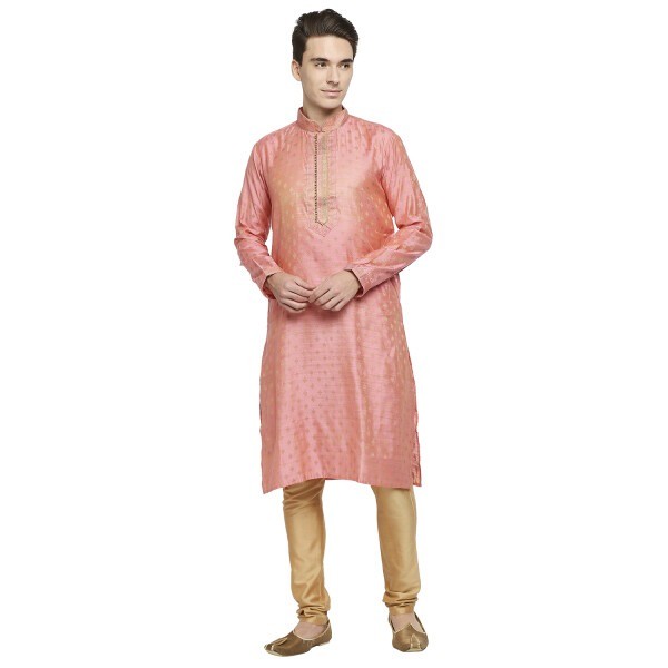 Rich Peach Silk Brocade Kurta With Gold Dori And Button Detailing