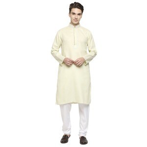 Eggshell Yellow Cotton Kurta With White Dori Work Detailing On Collar And Neckline And Potli Button Detailing