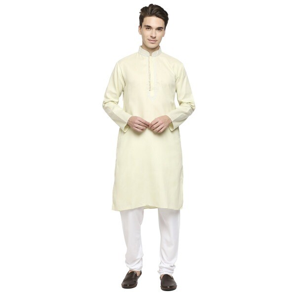 Eggshell Yellow Cotton Kurta With White Dori Work Detailing On Collar And Neckline And Potli Button Detailing