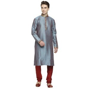 Rama Green Silk Kurta With All Over Pintuck Detailing And Contrast Red And Gold Dori Work On Collar And Placket
