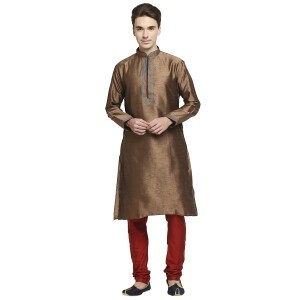 Brown Silk Brocade Occasional Kurta With Red And Blue Contrast Detailing Alongwith Gold Doriwork On The Collar And Placket