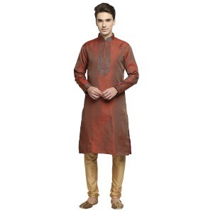 Deep Red And Green Two Toned Festive Silk Brocade Kurta With Gold Zari Work And Pleating Details At The Placket And Collar