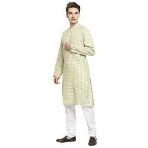 Eggshell Yellow Printed Cotton Casual Kurta With Wood Buttons