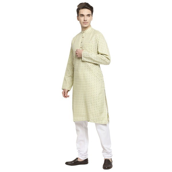 Eggshell Yellow Printed Cotton Casual Kurta With Wood Buttons