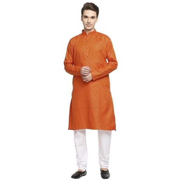 Orange Festive Printed Cotton Kurta