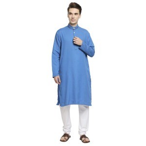 Bright Blue Cotton Kurta With A Contrast Trim At Be The Collar And Contrast Buttons