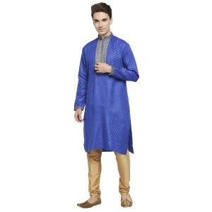 Royal Blue Printed Cotton Festive Kurta With Turquoise And Gold Embroidery Detail At Placket And Collar