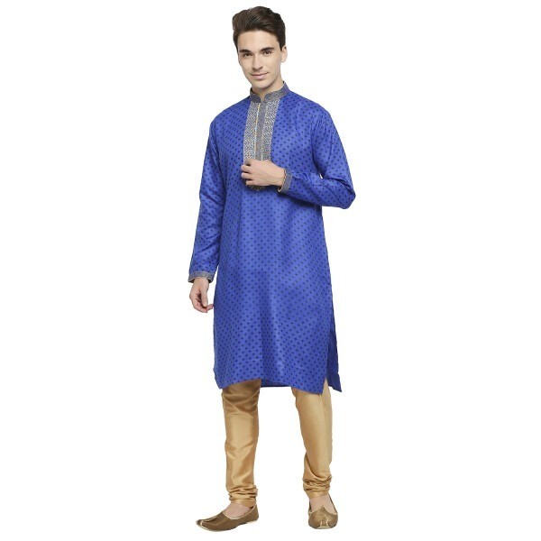 Royal Blue Printed Cotton Festive Kurta With Turquoise And Gold Embroidery Detail At Placket And Collar
