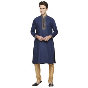 Ink Blue Formal Cotton Kurta With Gold Dori Embroidery And Peach Contrast Detail At Collar