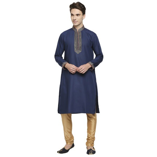 Ink Blue Formal Cotton Kurta With Gold Dori Embroidery And Peach Contrast Detail At Collar