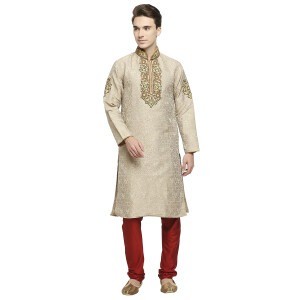 Formal Cream And Beige Silk Brocade Kurta With Heavy Bead And Dori Embroidery At Neckline Placket And Collar