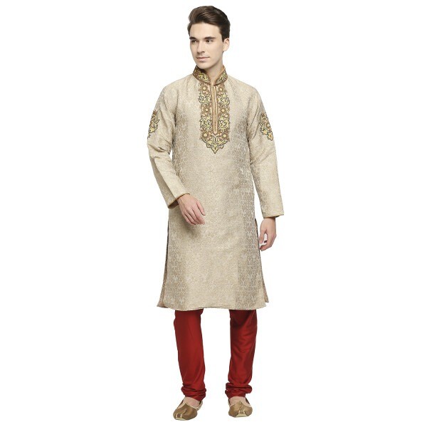 Formal Cream And Beige Silk Brocade Kurta With Heavy Bead And Dori Embroidery At Neckline Placket And Collar