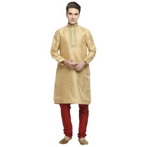 Formal Gold Silk Kurta With Heavy Dori Embroidery At Collar And Placket