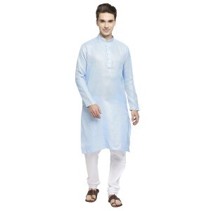 Pale Blue Linen Look Basic Cotton Kurta With Self Buttons
