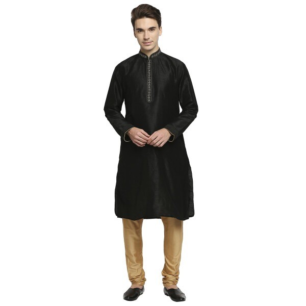 Black Raw Silk Kurta With Silver Cord Dori Embroidery Detail At Collar And Placket